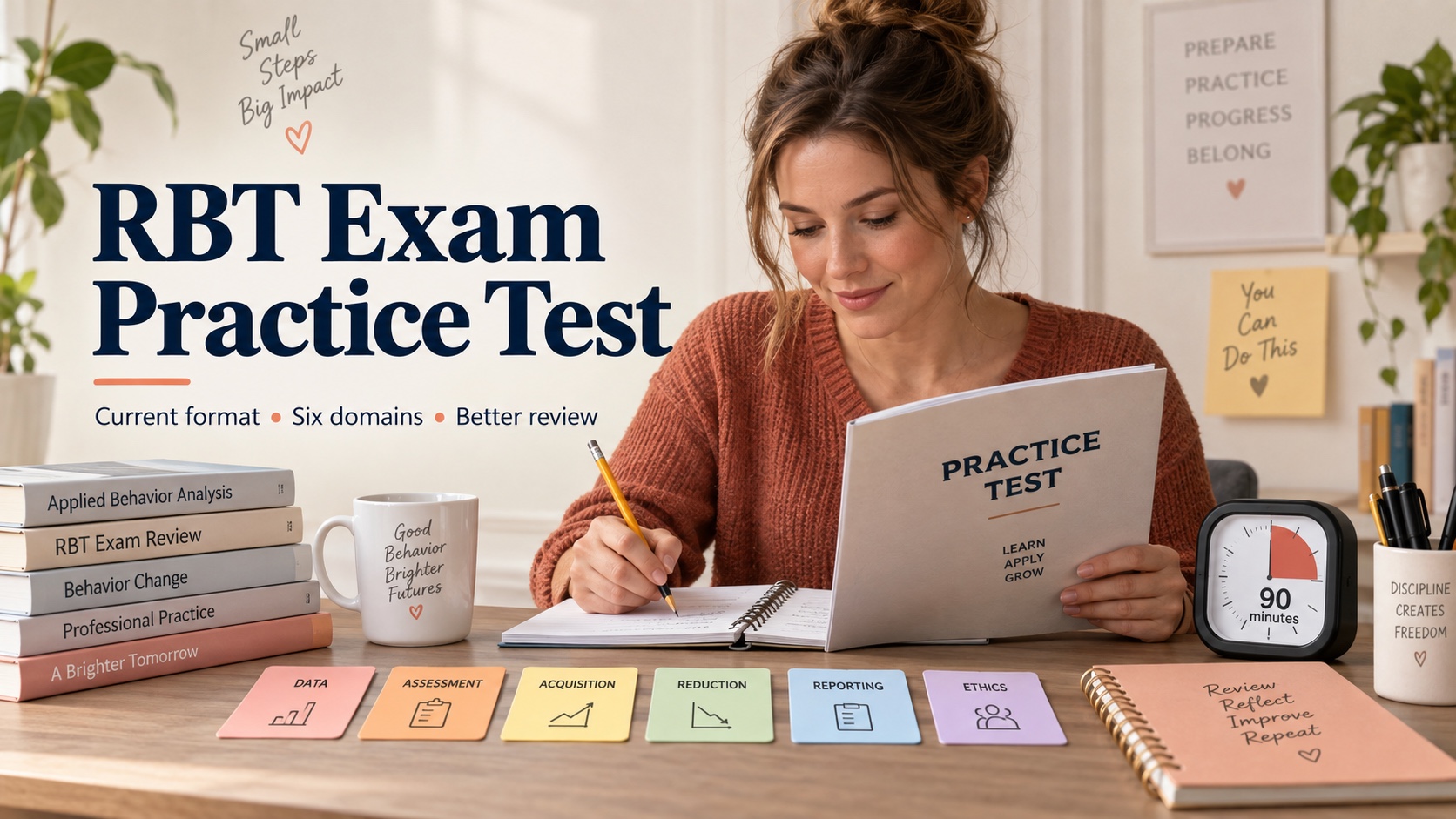 A White female RBT learner reviews an RBT exam practice test beside a 90-minute timer, six domain cards, and an error notebook in an integrated editorial study scene.