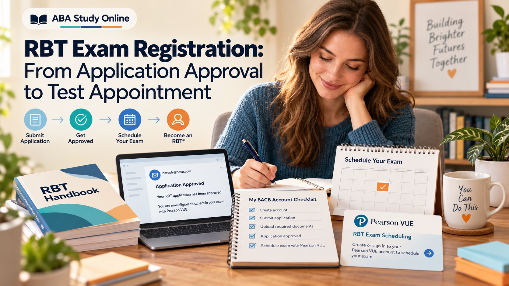 A realistic White woman reviews RBT exam registration steps with a BACB account checklist, approval notice, generic RBT handbook, exam calendar, and Pearson VUE scheduling information.