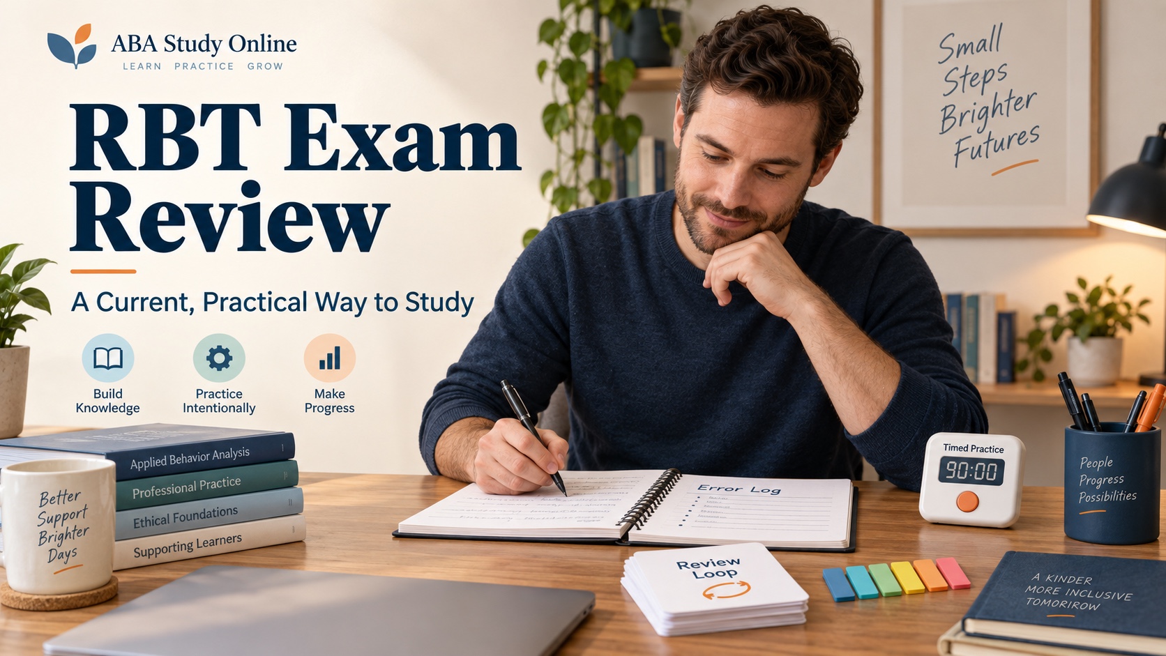 A realistic White male candidate reviews an RBT exam blueprint, error log, flashcards, and timed practice plan in one integrated editorial study scene.