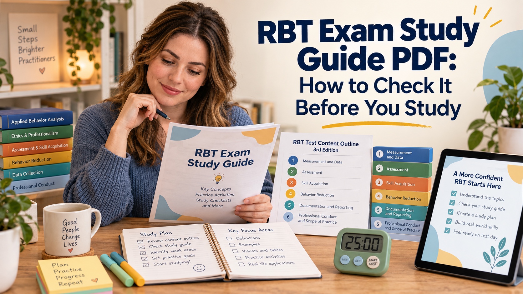 A realistic White woman reviews a fictional RBT exam study guide PDF, the current six-domain content map, a study notebook, and a tablet in an integrated ABA Study Online editorial scene.