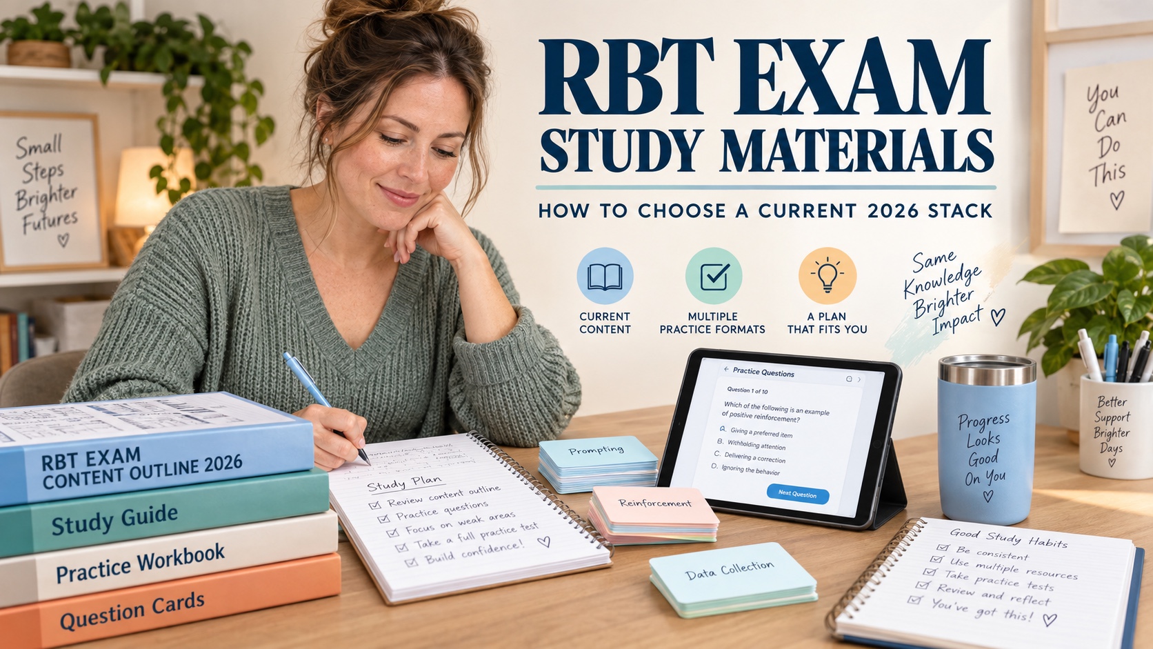 A realistic White female RBT learner reviews a current study guide, neutral flashcards, a practice workbook, question cards, and an app review screen in one integrated ABA Study Online editorial scene titled RBT Exam Study Materials.
