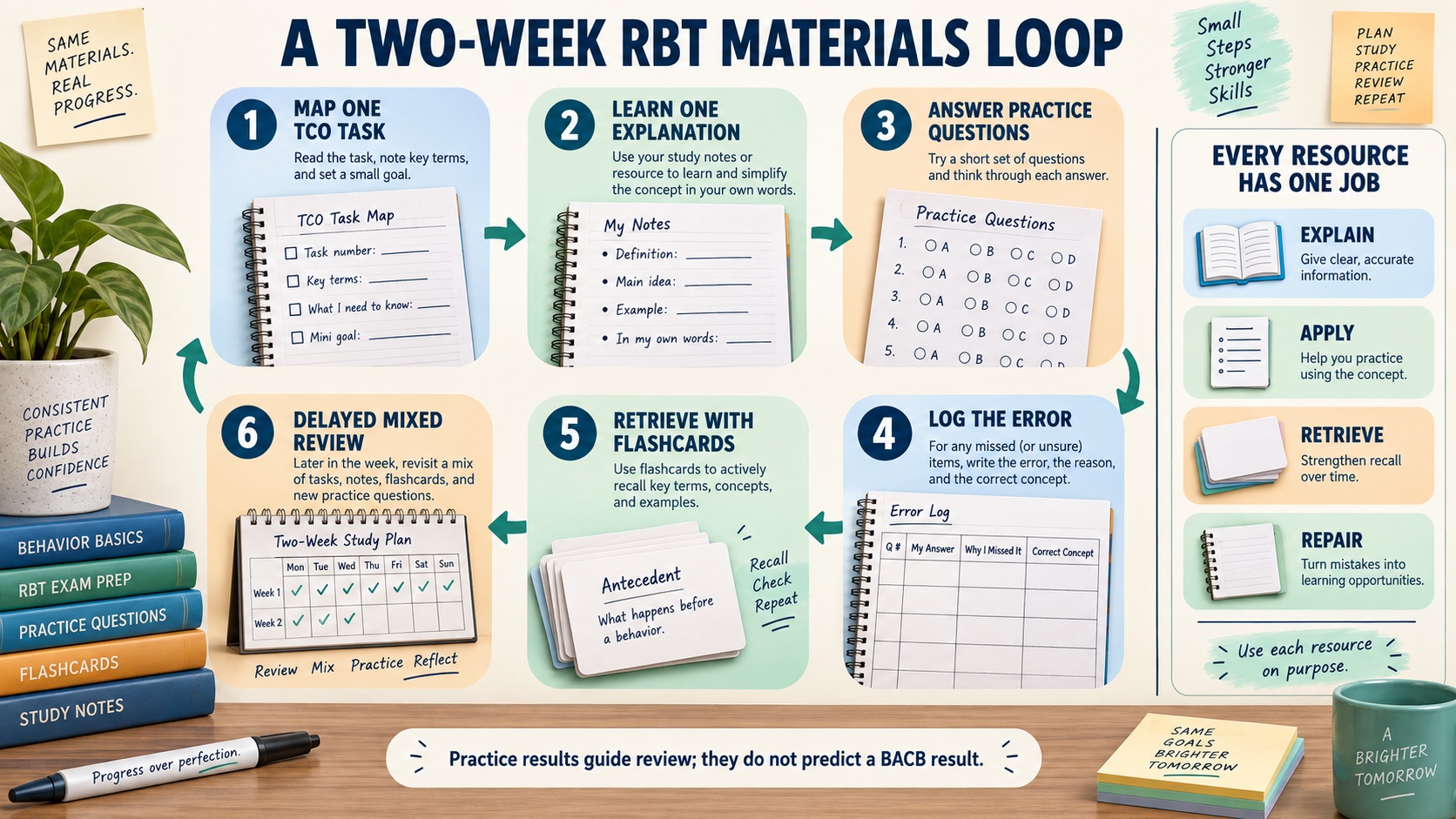 No-person infographic showing a two-week RBT study-material loop: map one TCO task, learn from one explanation source, answer practice questions, log the error, retrieve with flashcards, and complete a delayed mixed review.