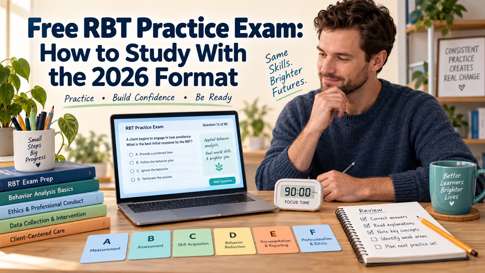 A White man studies a free RBT practice exam on a laptop with a 90-minute timer, six domain cards, and answer-review notes in an integrated ABA Study Online editorial scene.