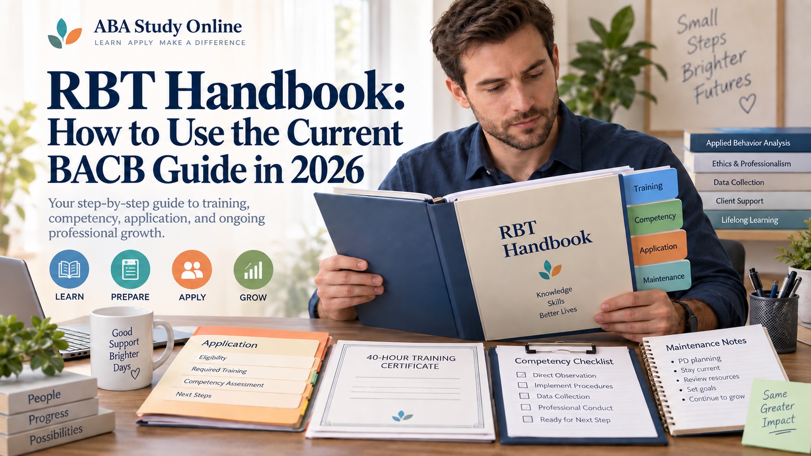 A White man reviews the current RBT Handbook beside an application checklist, training certificate, and maintenance notes in an integrated ABA Study Online editorial scene without showing official account data.