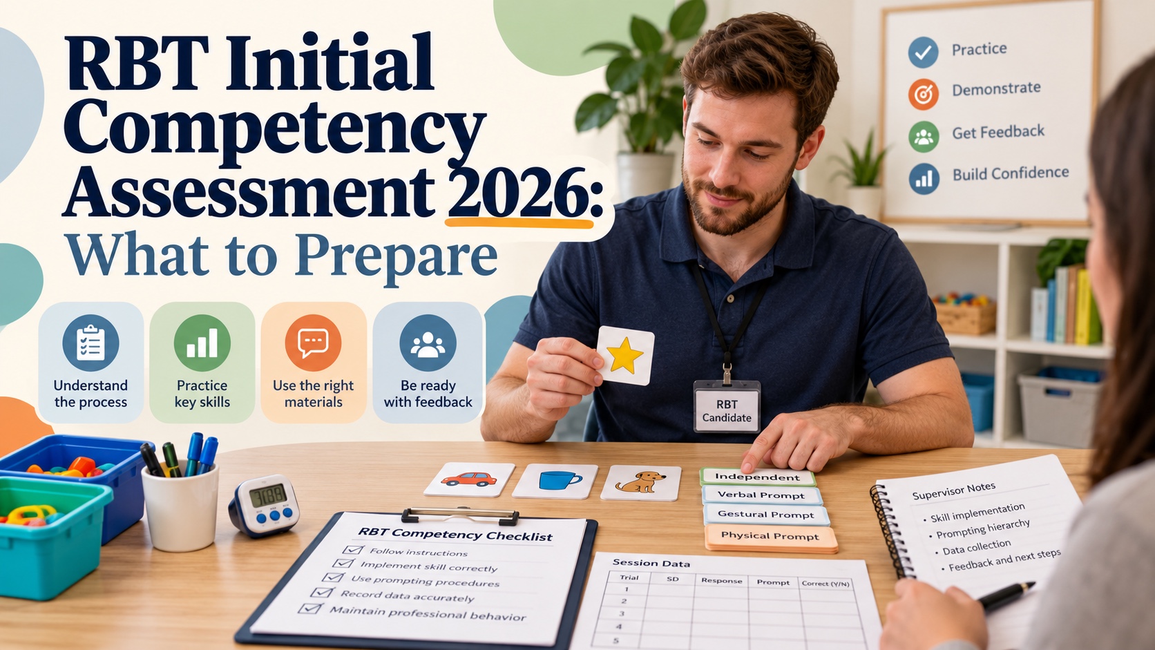 A realistic White man practices RBT skill implementation with a competency checklist, data sheet, prompt cards, and supervisor notes in an integrated ABA Study Online editorial scene.