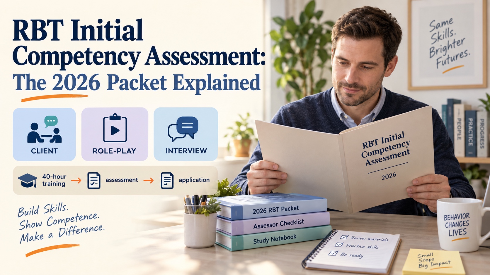 A White man reviews the 2026 RBT Initial Competency Assessment packet, an assessor checklist, and three session-format notes in an integrated ABA Study Online editorial scene.