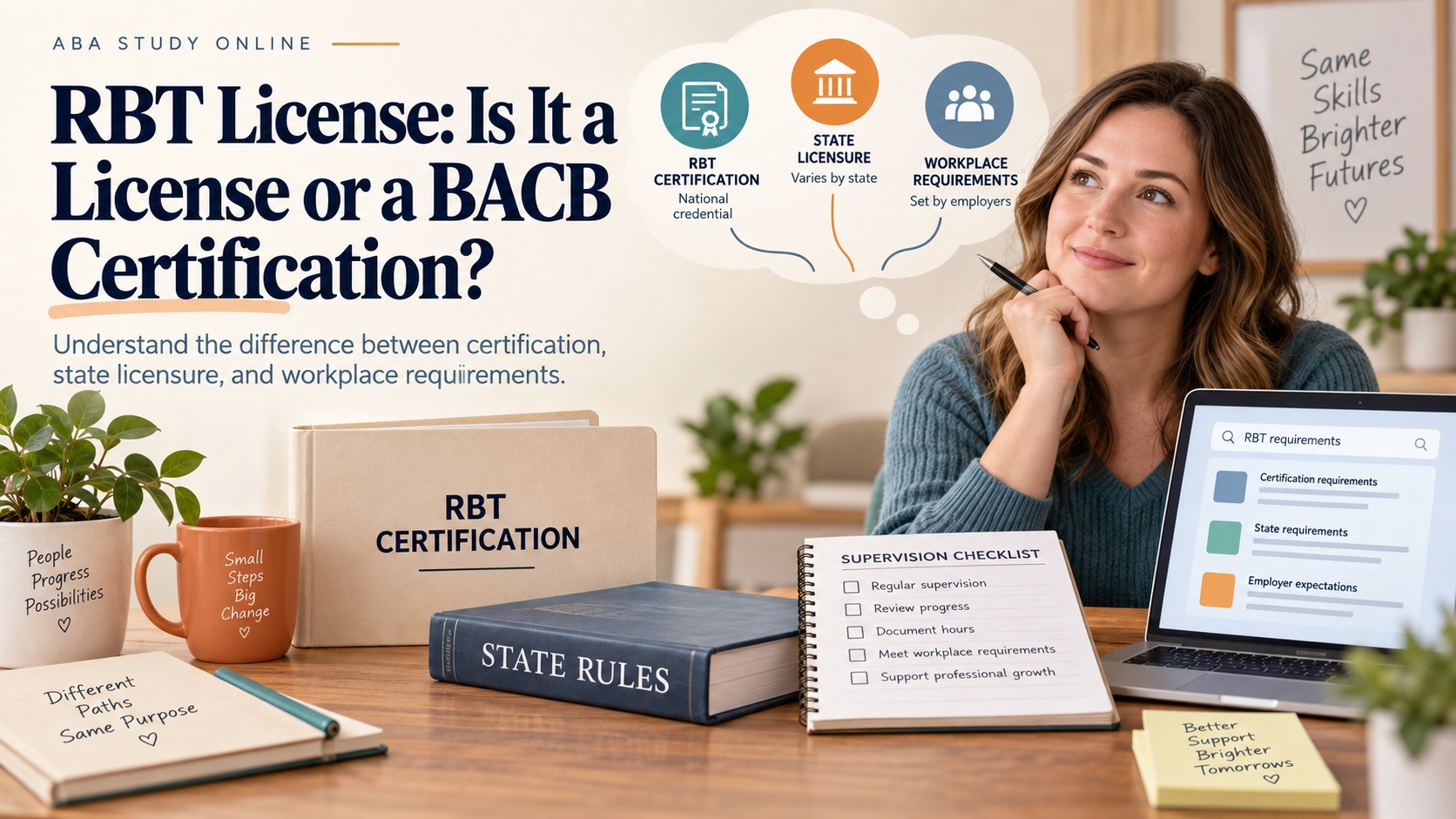 A White woman reviews an RBT certification folder beside a neutral state-regulation book, a supervision checklist, and a laptop research screen in one integrated editorial scene.