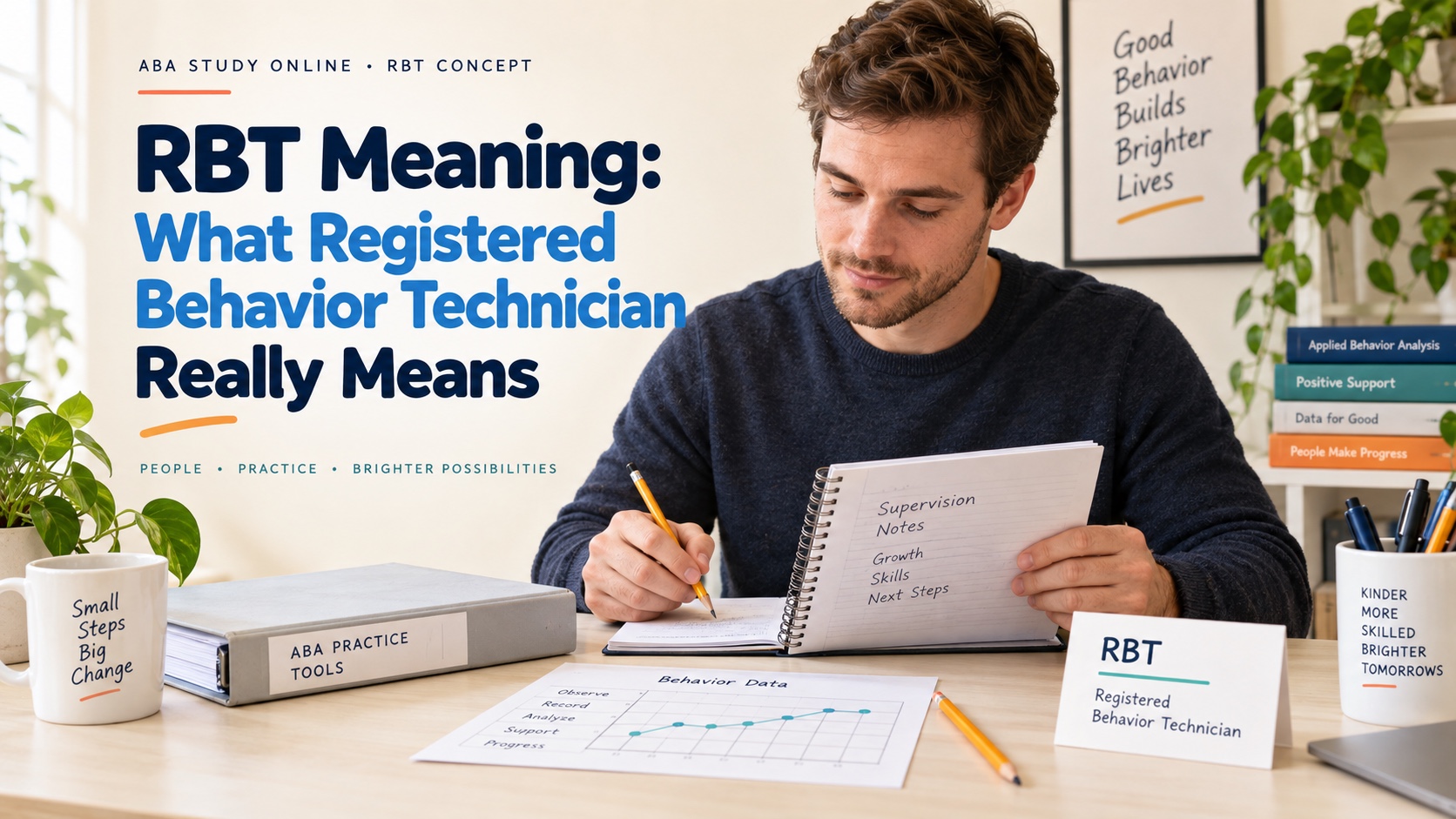 A White man RBT learner reviewing a supervision notebook, neutral training materials, and a data sheet in an integrated editorial study scene.