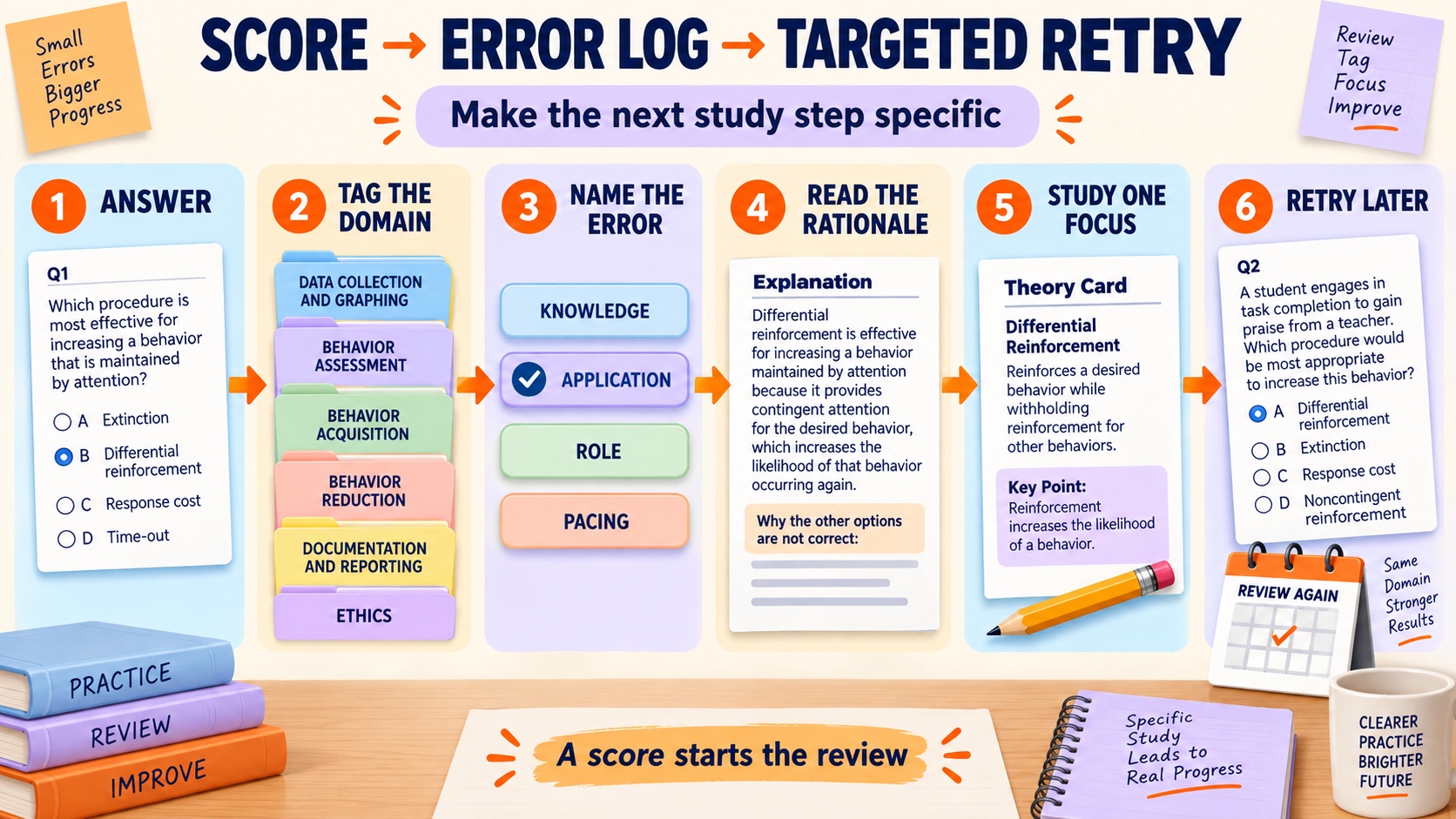 No-person infographic showing an RBT mock-exam review loop: answer, tag the domain, identify the error type, read the rationale, study one focused concept, and retry a new scenario later.