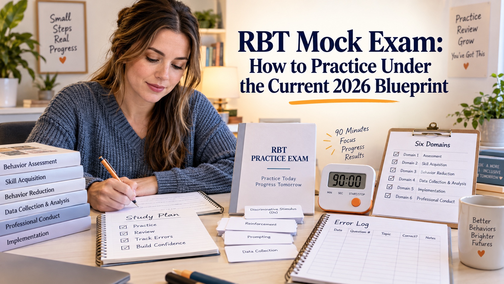 A White woman organizing an RBT mock exam booklet, timer, question cards, six-domain checklist, and error log in an integrated editorial study scene.
