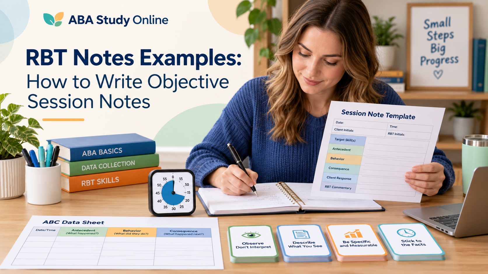 A realistic White woman studies fictional and de-identified RBT session-note examples with an ABC data sheet and objective-writing cards in an integrated ABA Study Online editorial scene.