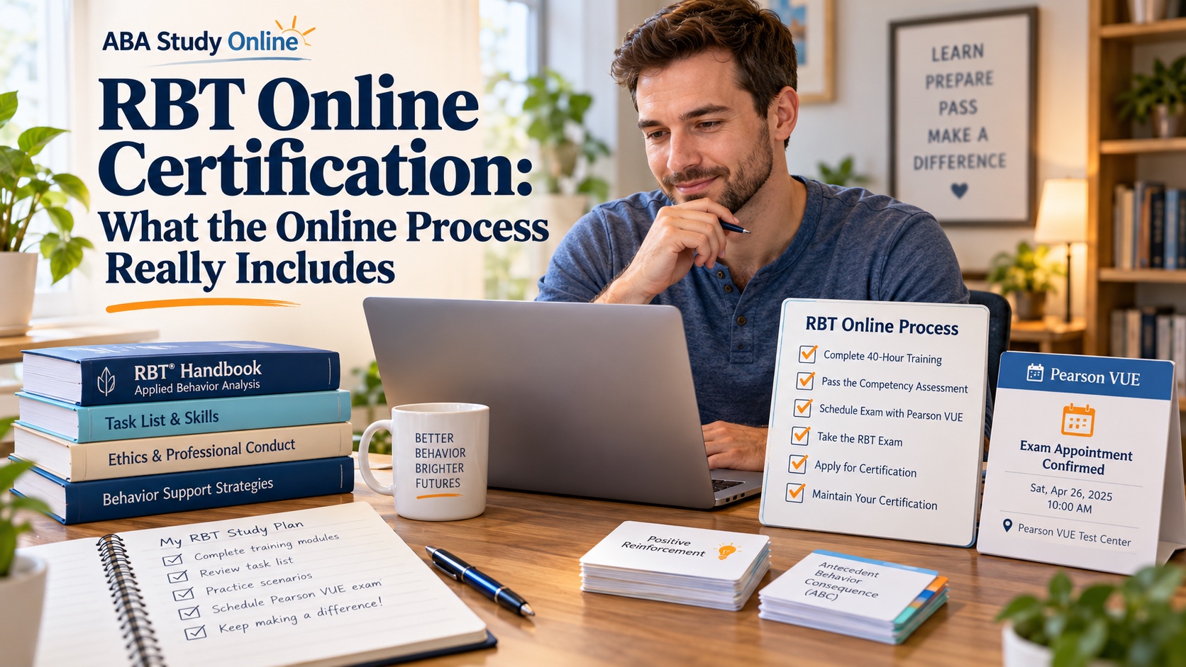 A realistic White man studies online with an RBT handbook, certification checklist, study cards, and a Pearson VUE appointment card in an integrated ABA Study Online editorial scene.