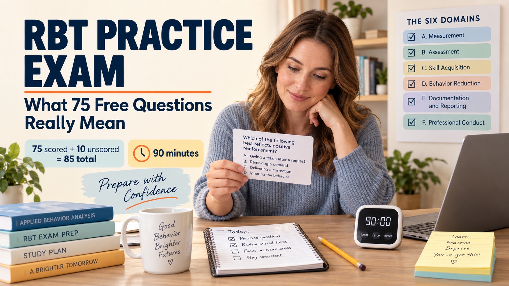 A White female RBT learner reviews a free 75-question practice set, 75-versus-85 exam notes, a 90-minute timer, and a six-domain tracker in one integrated editorial scene.