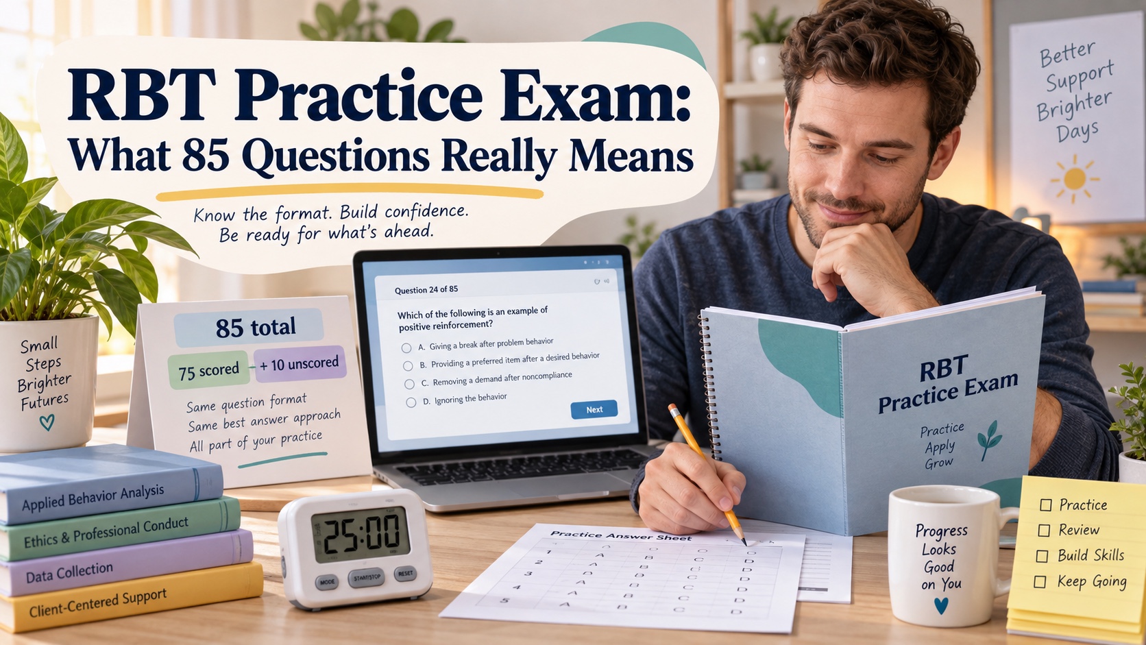 A realistic White man works through an RBT practice exam with a question screen, notebook, answer sheet, timer, and study card showing 85 total questions.