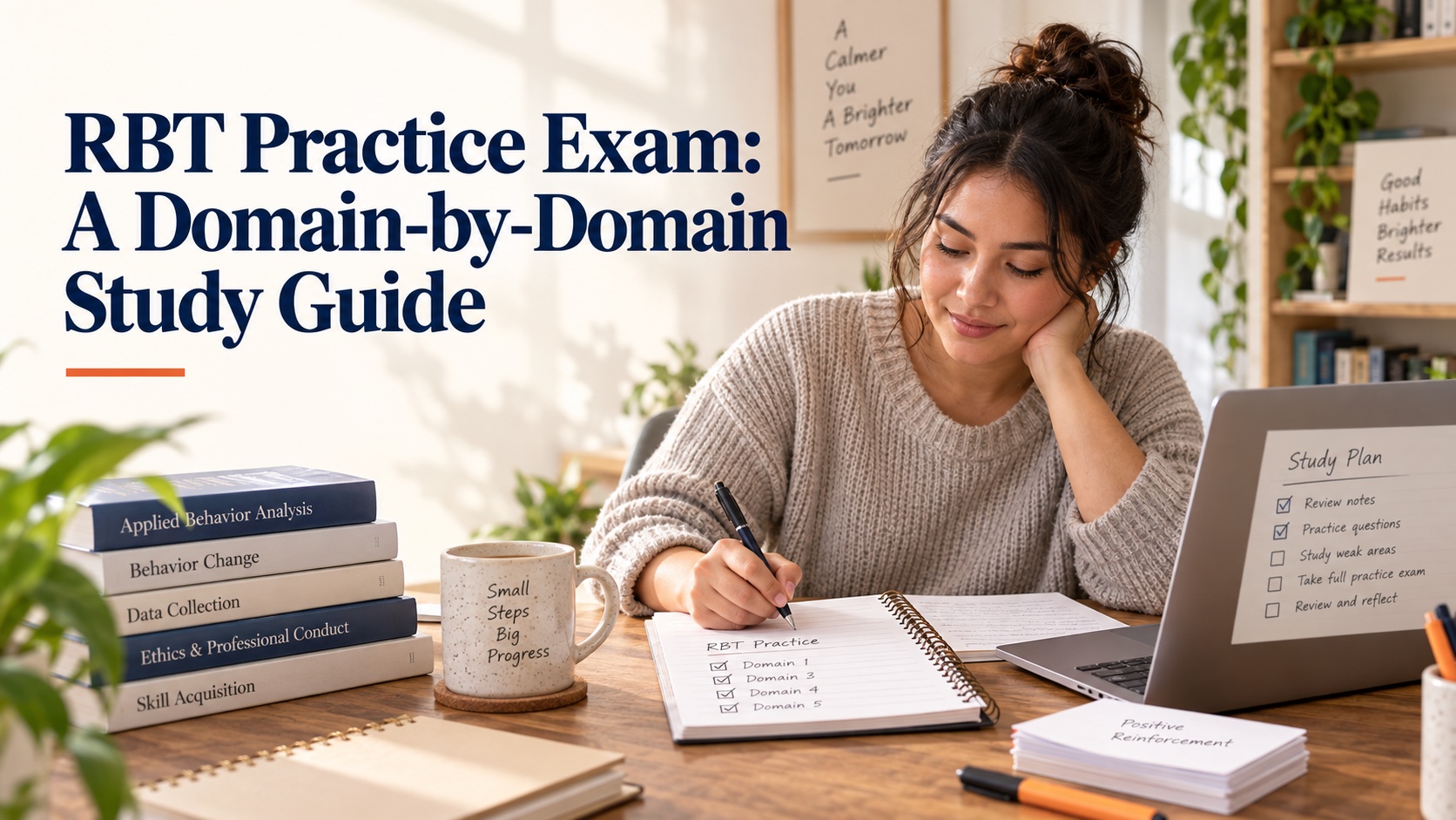 A learner preparing for an RBT practice exam with a domain-by-domain study plan.