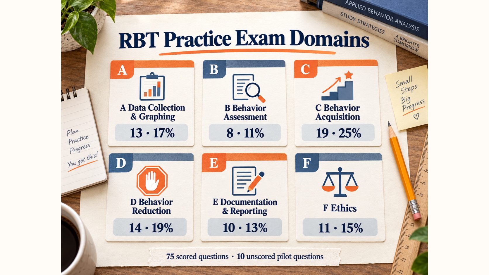 RBT practice exam domains: data collection and graphing, behavior assessment, behavior acquisition, behavior reduction, documentation and reporting, and ethics.
