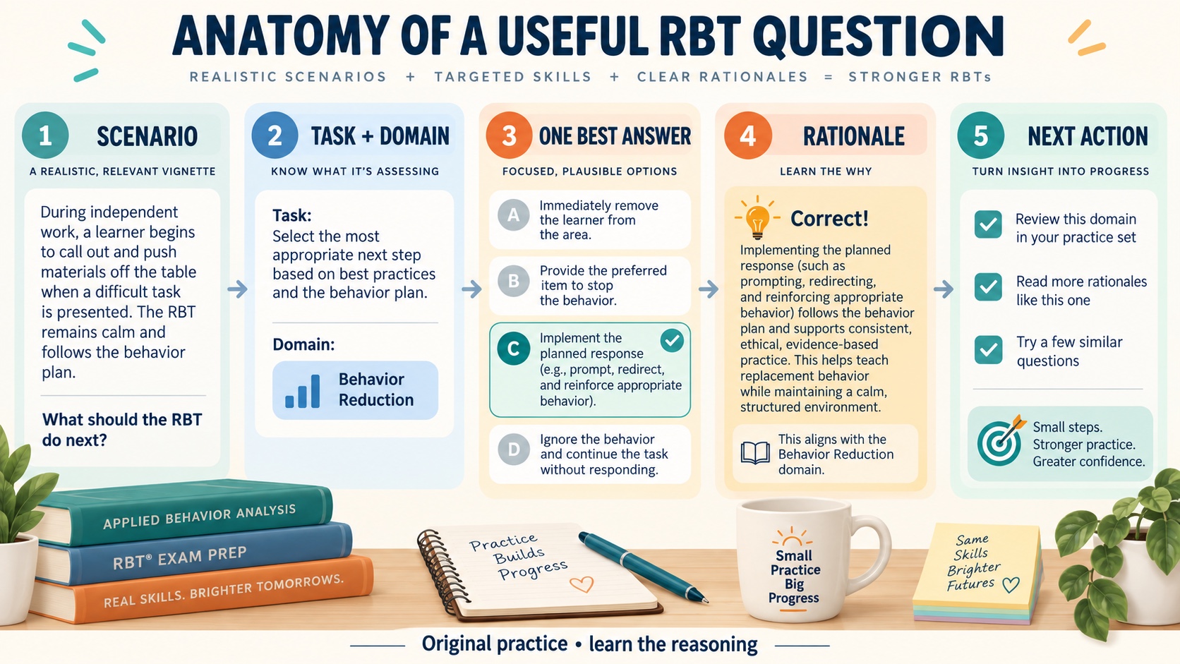 No-person infographic showing the anatomy of a useful RBT practice question: scenario, task tag, best answer, rationale, distractor teaching, and next study action.