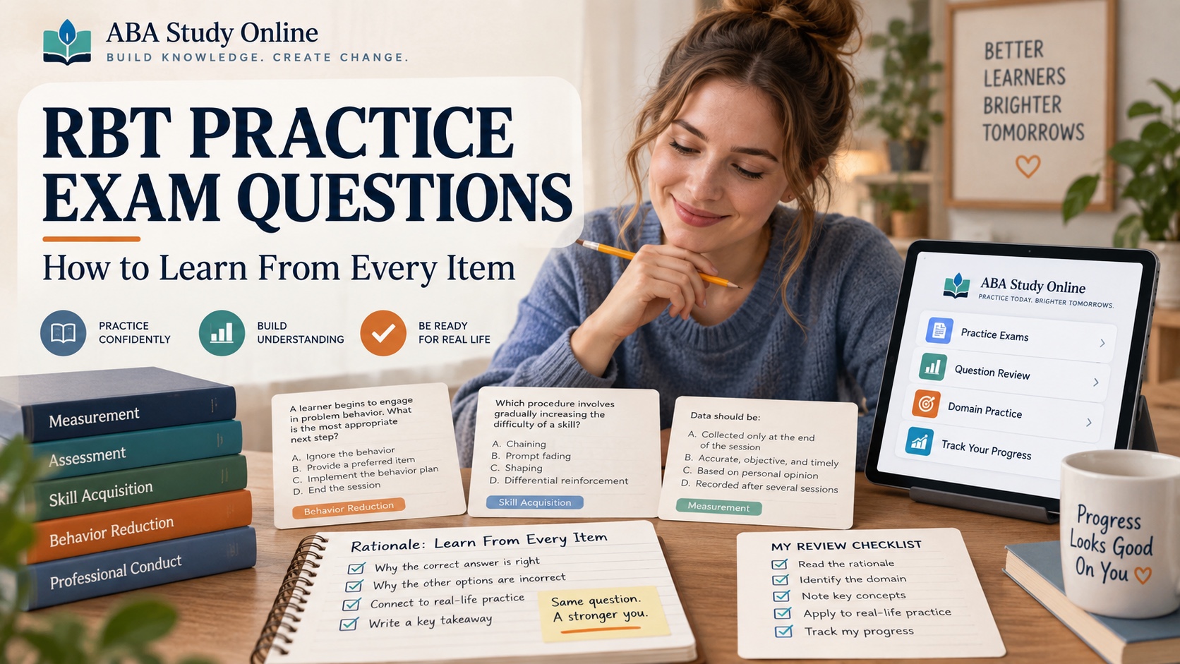 A White woman reviews original RBT practice exam question cards, domain tags, a rationale notebook, and a calm app review screen in one integrated ABA Study Online editorial scene.