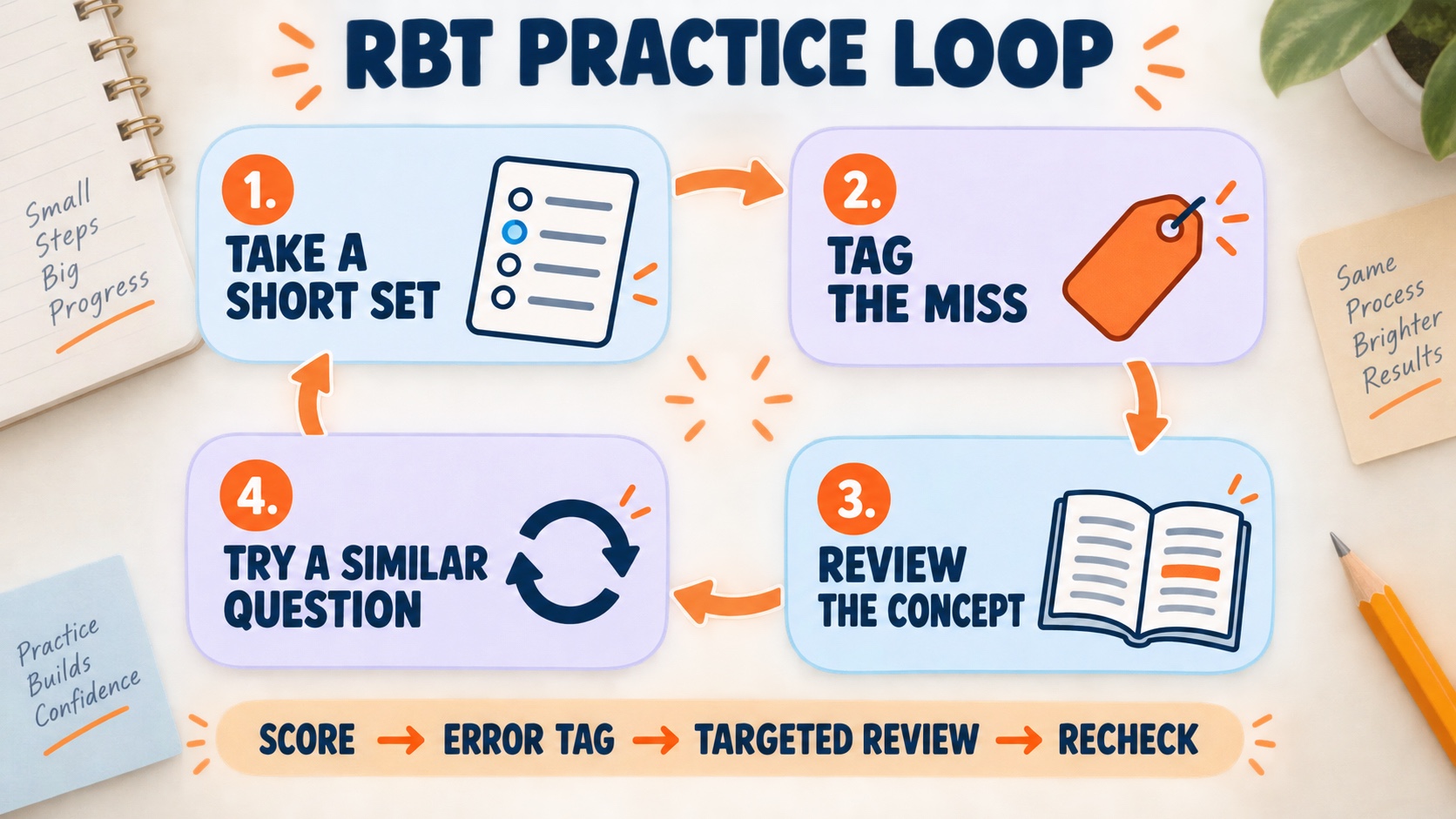 Four-step RBT practice loop: take a short set, tag the miss, review the concept, and try a similar question.