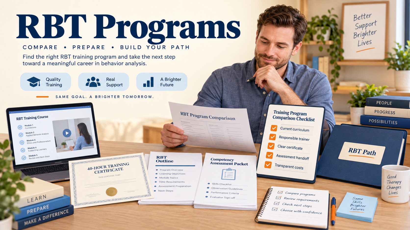 A White man compares RBT programs using a 40-hour training certificate, competency-assessment packet, current outline, and program checklist in an integrated ABA Study Online editorial scene.