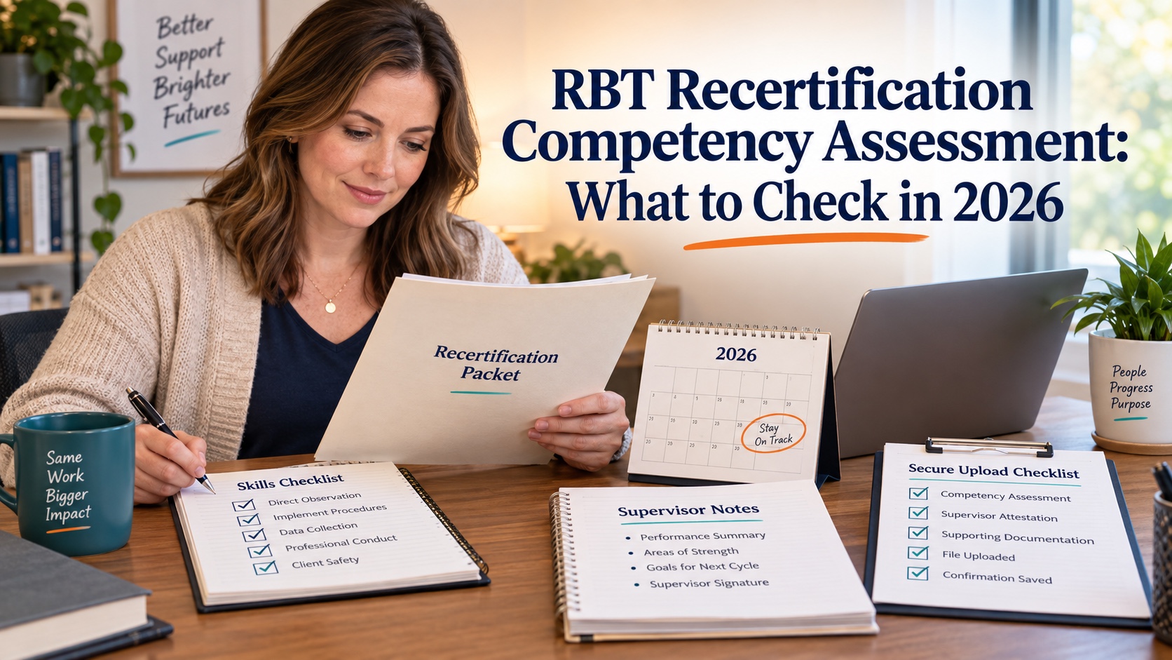 A realistic White woman checks an RBT recertification plan with an official packet, skills checklist, calendar, and supervisor notes in an integrated editorial cover.