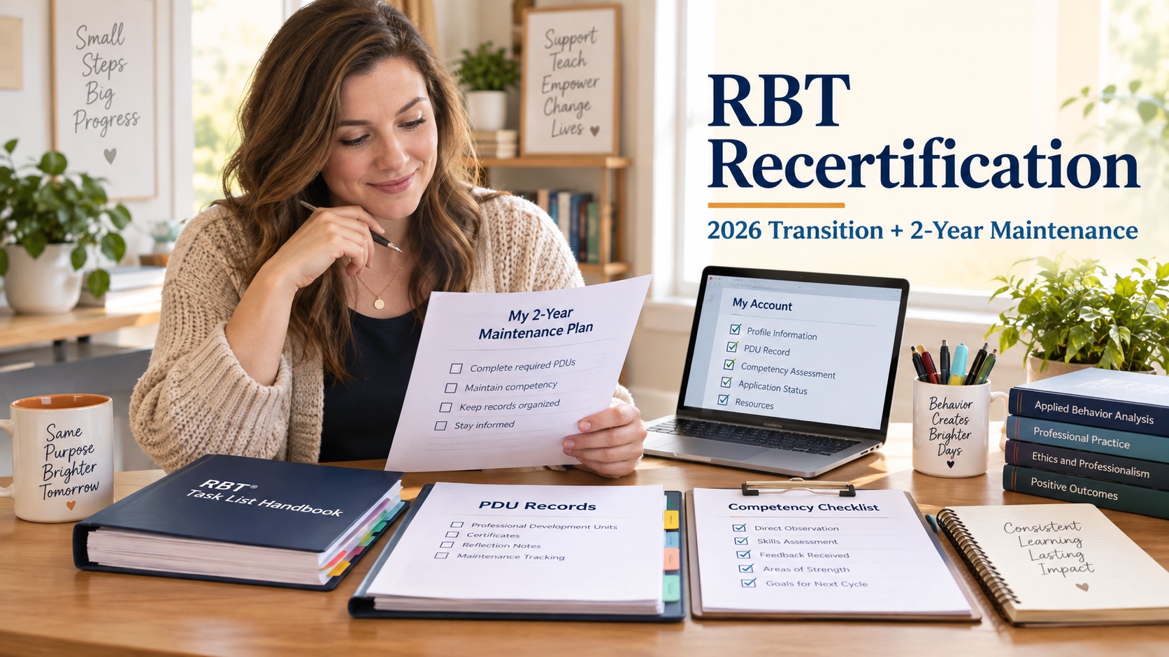 A realistic White woman reviews an RBT recertification calendar, PDU record, competency checklist, and BACB handbook in an integrated editorial scene titled RBT Recertification 2026 Transition and 2-Year Maintenance.