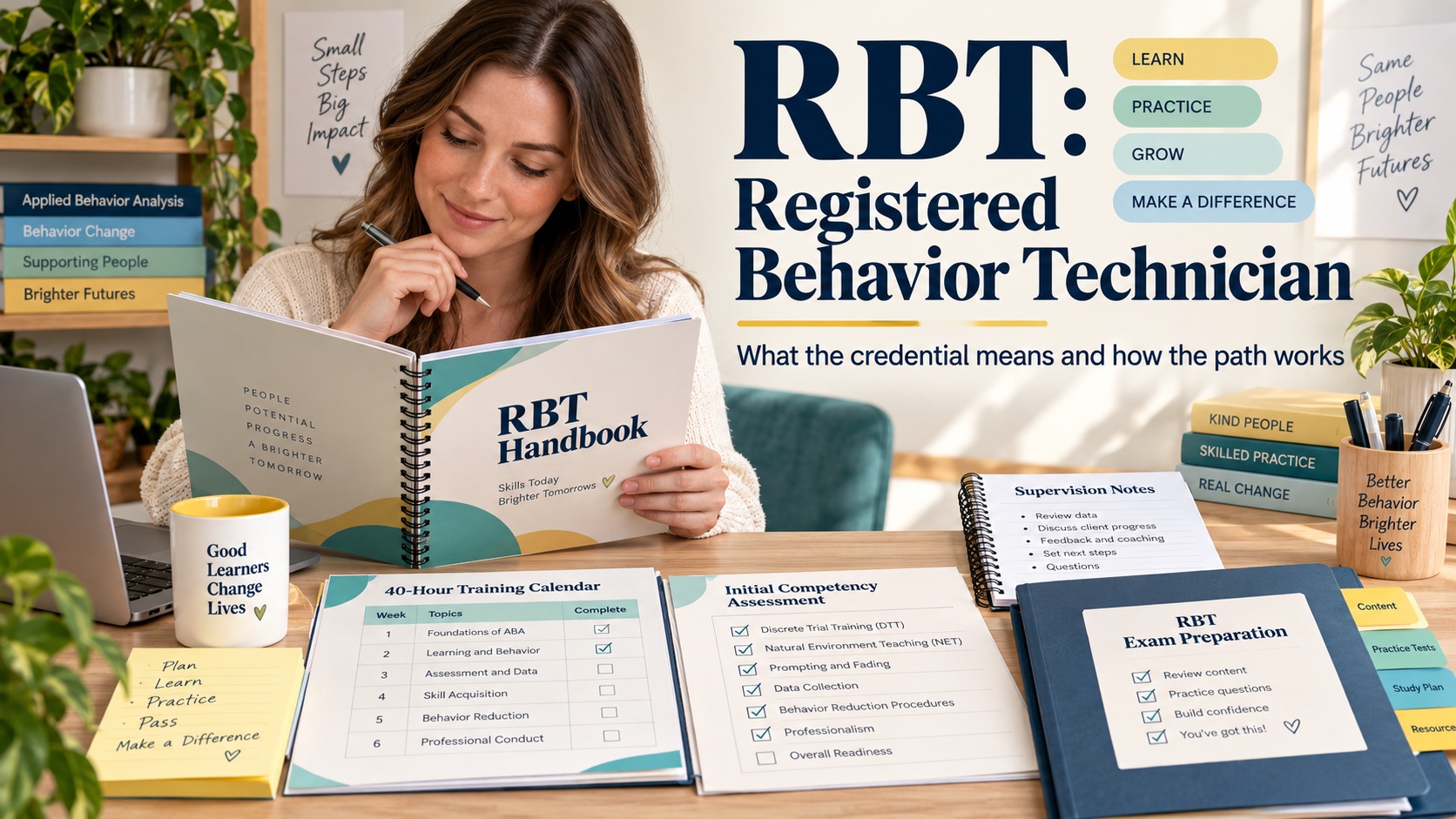 A White woman reviews an RBT Handbook, 40-hour training calendar, initial competency assessment checklist, supervision notes, and exam-preparation folder in an integrated ABA Study Online editorial scene titled RBT Registered Behavior Technician.