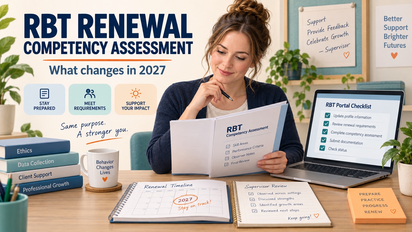 A White female RBT reviews a BACB recertification assessment packet, a portal checklist, a deadline calendar, and supervisor-review notes in one integrated editorial scene.