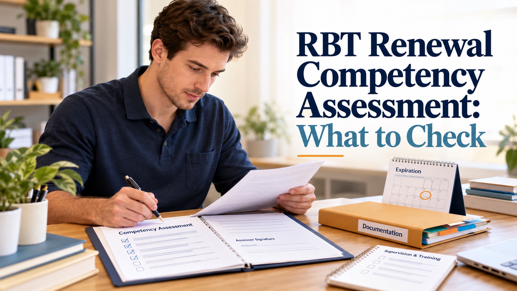 A realistic White male RBT reviews a competency assessment packet, task checklist, assessor signature page, expiration calendar, and documentation folder in an integrated editorial scene titled RBT Renewal Competency Assessment: What to Check.