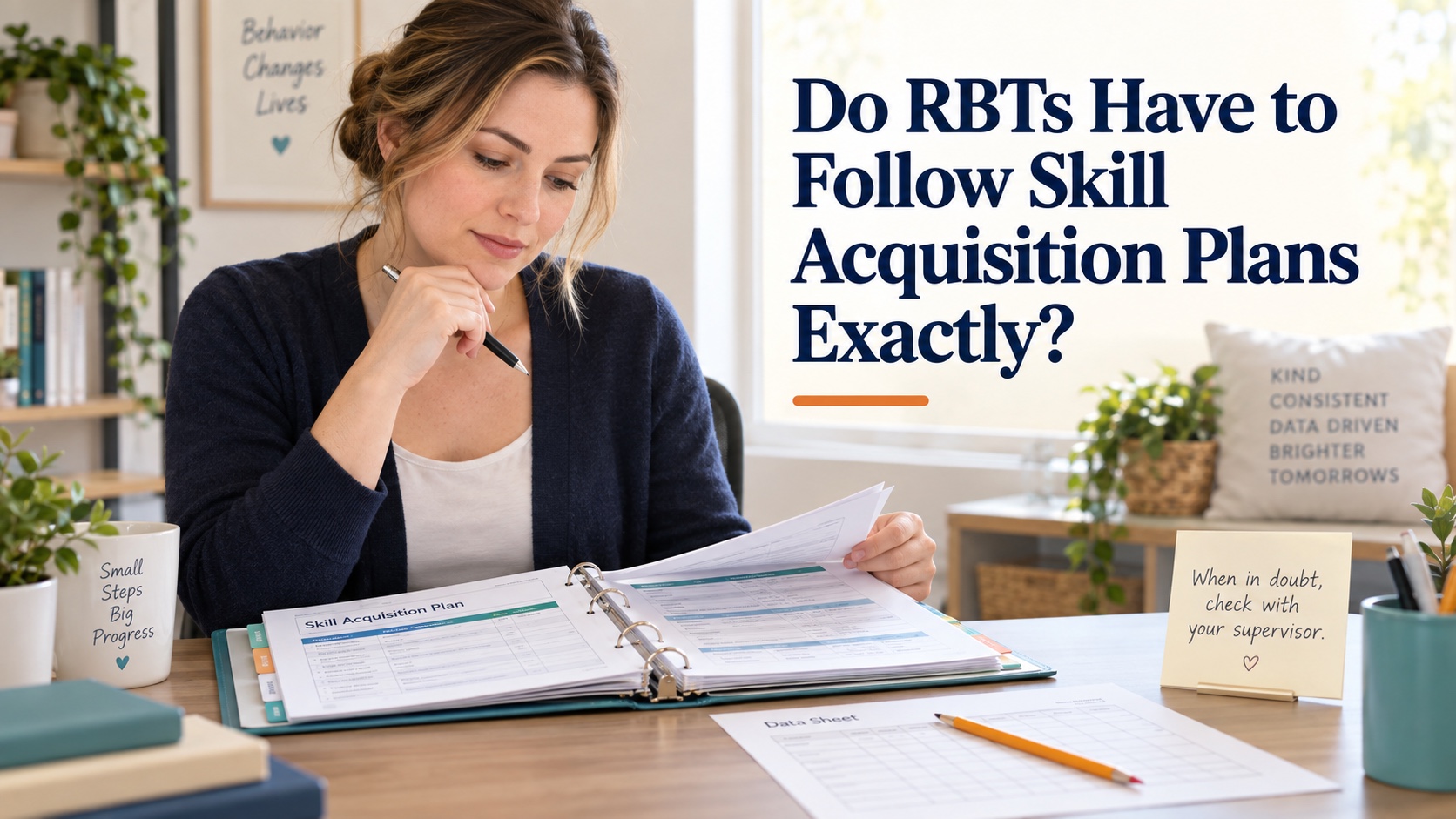 A realistic White female RBT reviews a skill-acquisition plan, data sheet, and supervisor clarification note in an integrated editorial scene titled Do RBTs Have to Follow Skill Acquisition Plans Exactly?