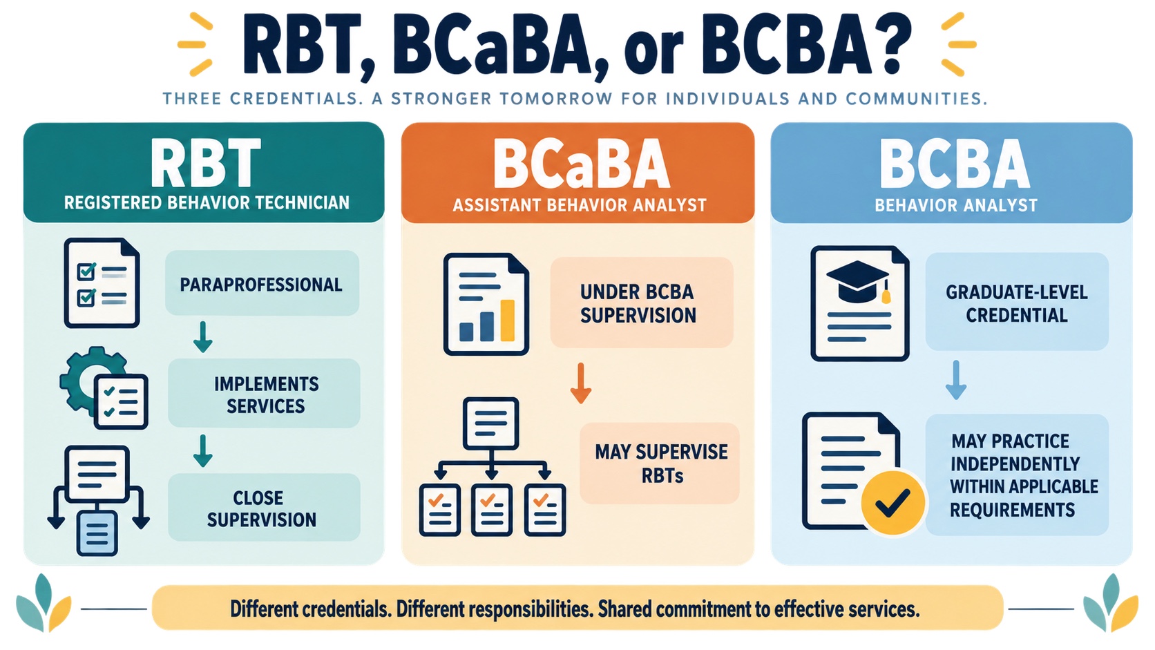 No-person infographic comparing RBT, BCaBA, and BCBA by credential level, service role, supervision, and responsibility boundary.
