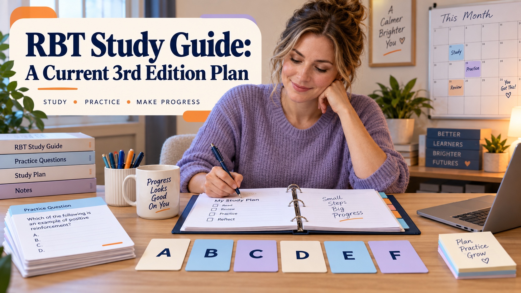 A White female RBT learner organizing the current 3rd edition Test Content Outline with six study cards, practice questions, and a calendar.