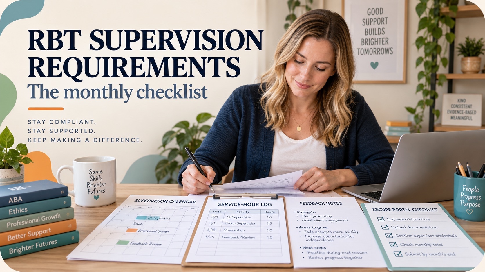 A White female RBT reviews a supervision calendar, service log, feedback notes, and portal checklist in one integrated editorial study scene.