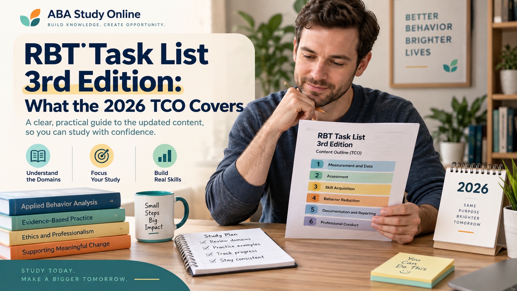 A realistic White man studies the RBT Task List 3rd Edition search topic with a neutral content outline, domain tabs, notebook, and focused desk layout in an integrated editorial cover.