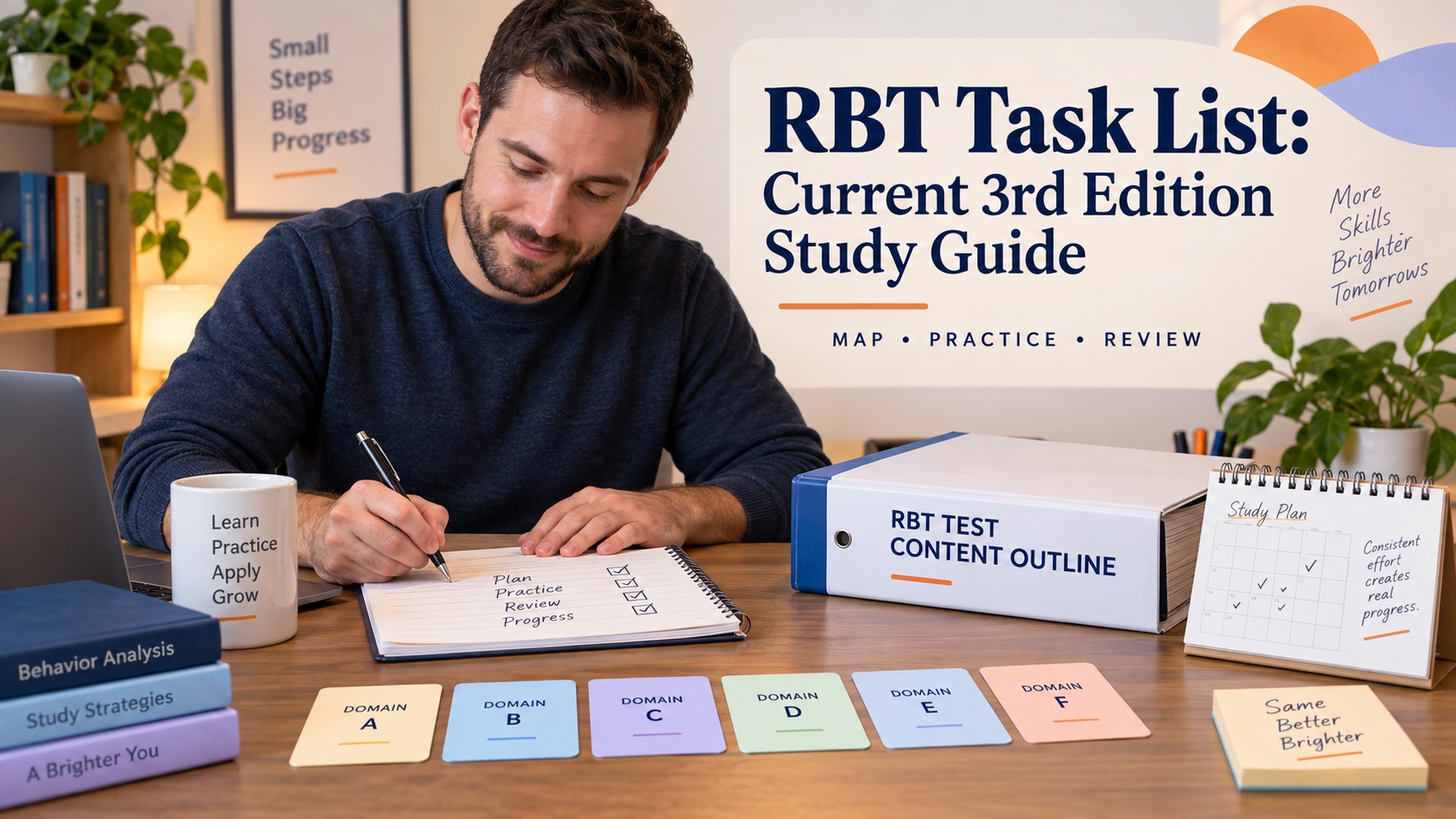 A white RBT learner organizing the current 3rd edition Test Content Outline with domain cards, practice questions, and a study calendar.