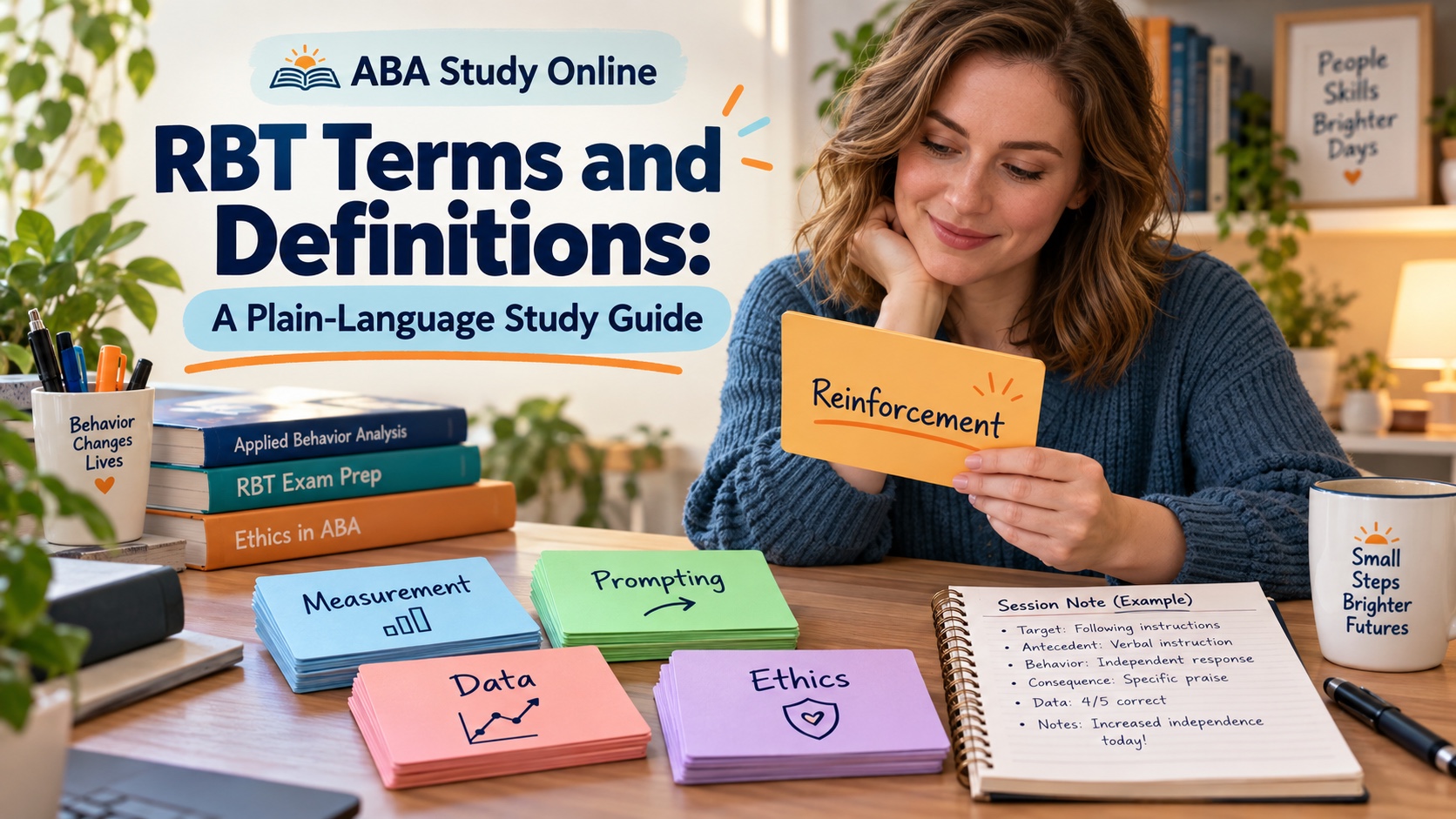 A realistic White woman studies RBT terms with behavior-analysis vocabulary cards, a session note, and a data notebook in an integrated ABA Study Online editorial scene.