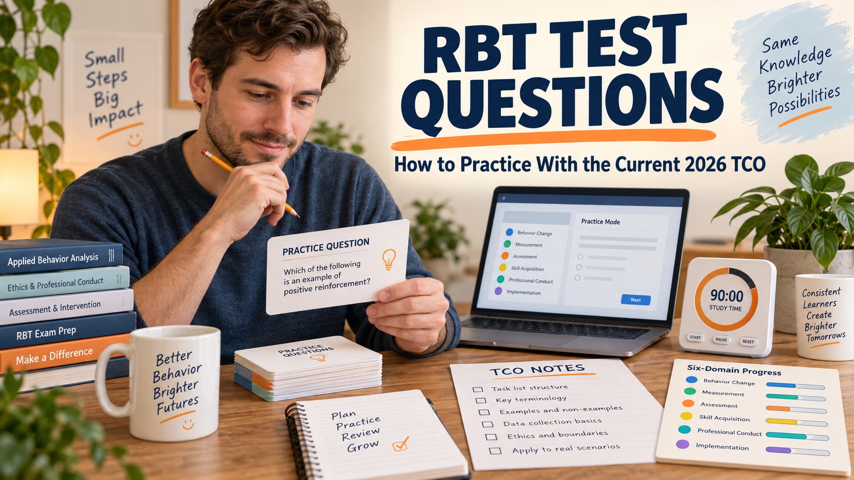 A White male RBT learner reviews current test question cards, a timer, TCO notes, answer rationales, and a six-domain study tracker in one integrated editorial scene.