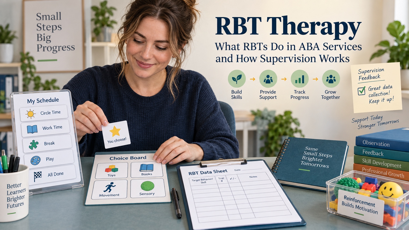 A White woman prepares an RBT ABA service session with a visual schedule, data sheet, choice board, session notebook, and supervisor feedback note in an integrated ABA Study Online editorial scene.