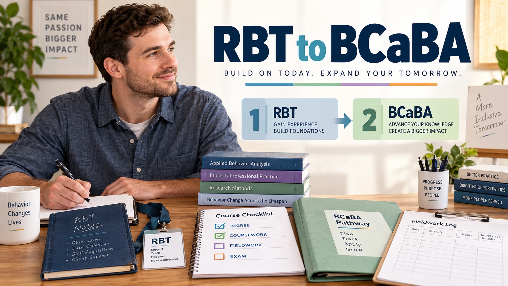 A realistic White man plans an RBT-to-BCaBA pathway with degree, coursework, fieldwork, and examination documents in one integrated editorial scene.