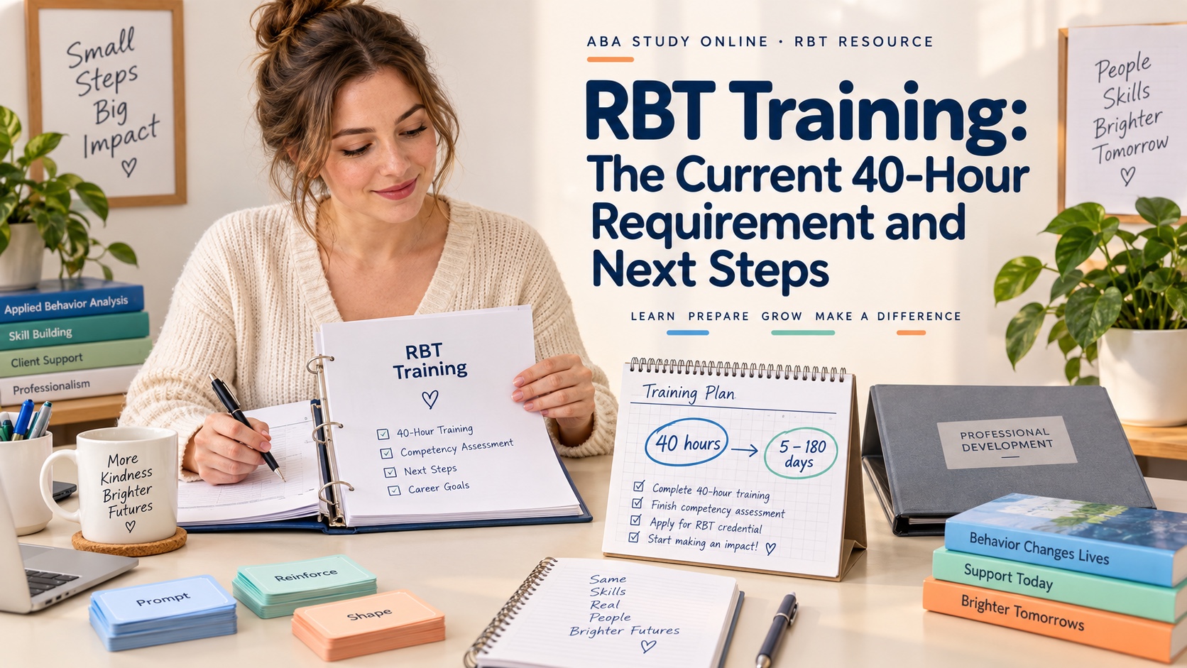 A White woman RBT applicant organizing a training binder, progress calendar, certificate folder, and neutral skills-practice materials in an integrated editorial study scene.