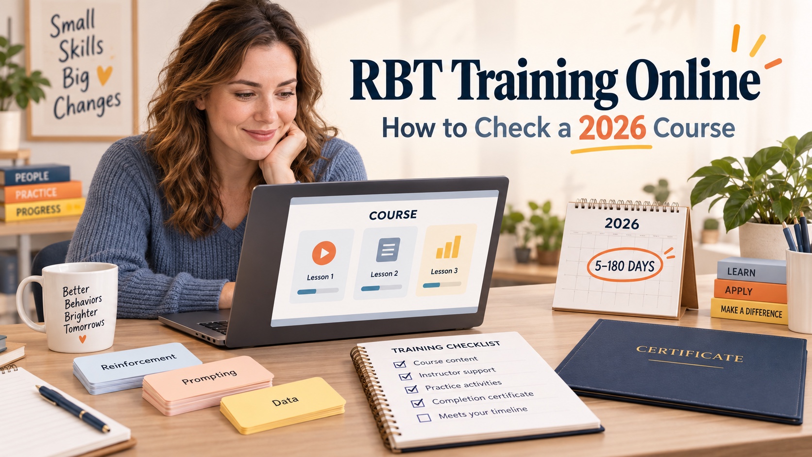 A White woman evaluates an online RBT training course with a laptop, calendar, completion certificate, and study materials in one integrated editorial scene.