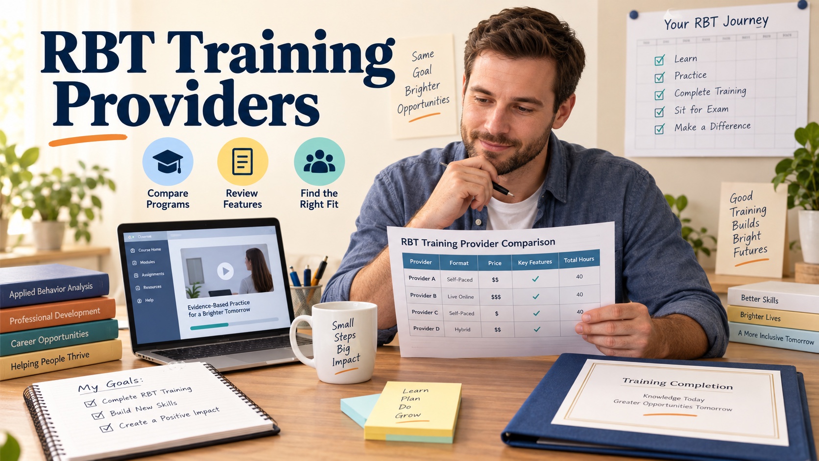 A White man compares RBT training providers with a course screen, calendar, certificate folder, and provider comparison worksheet in one integrated ABA Study Online editorial scene.