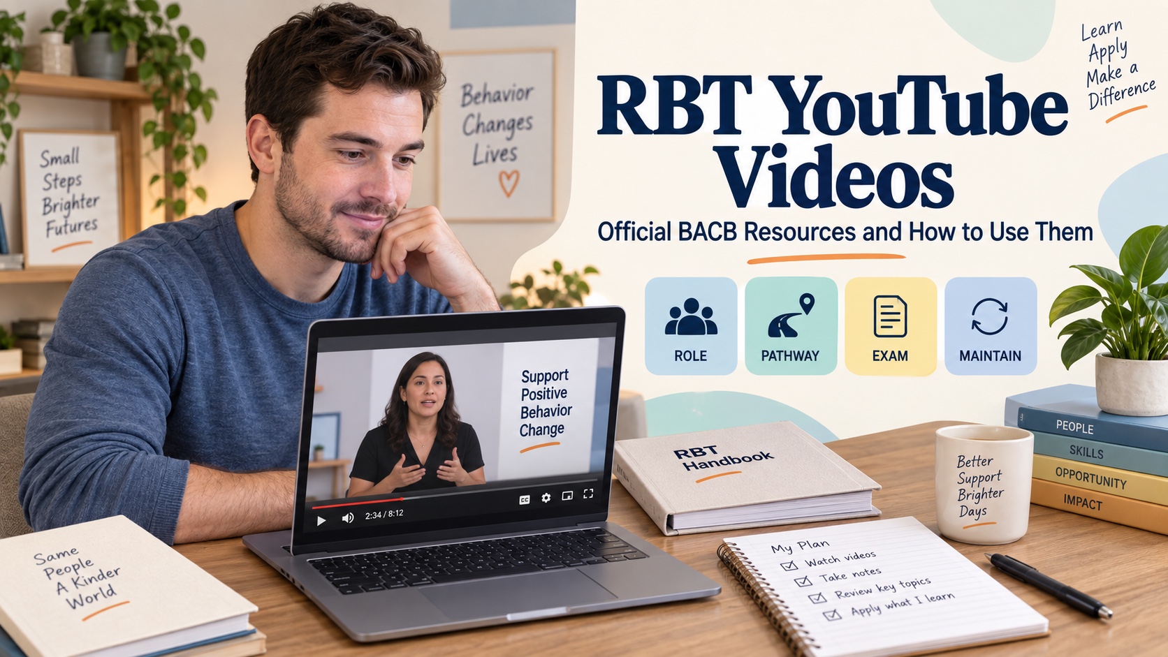 A White man watches an RBT orientation video beside a neutral BACB handbook, study notes, and a certification checklist in one integrated editorial scene.