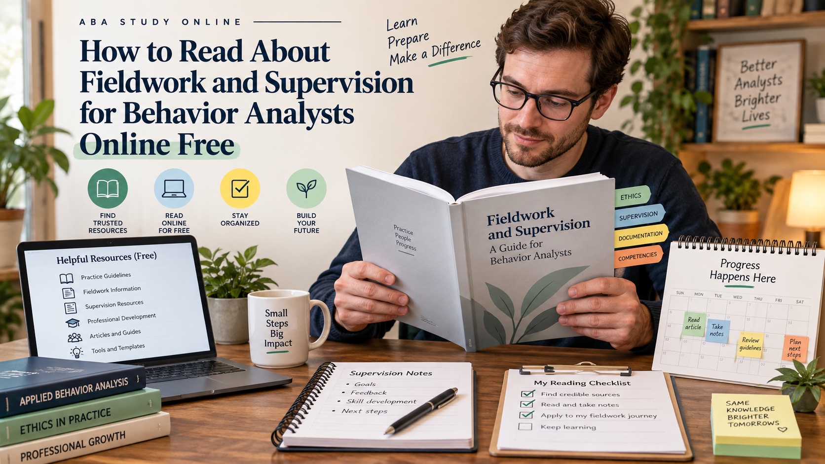 A realistic White male behavior-analysis trainee reads a neutral fieldwork handbook with bookmarked official resources, supervision notes, and a planning calendar in an integrated editorial cover.