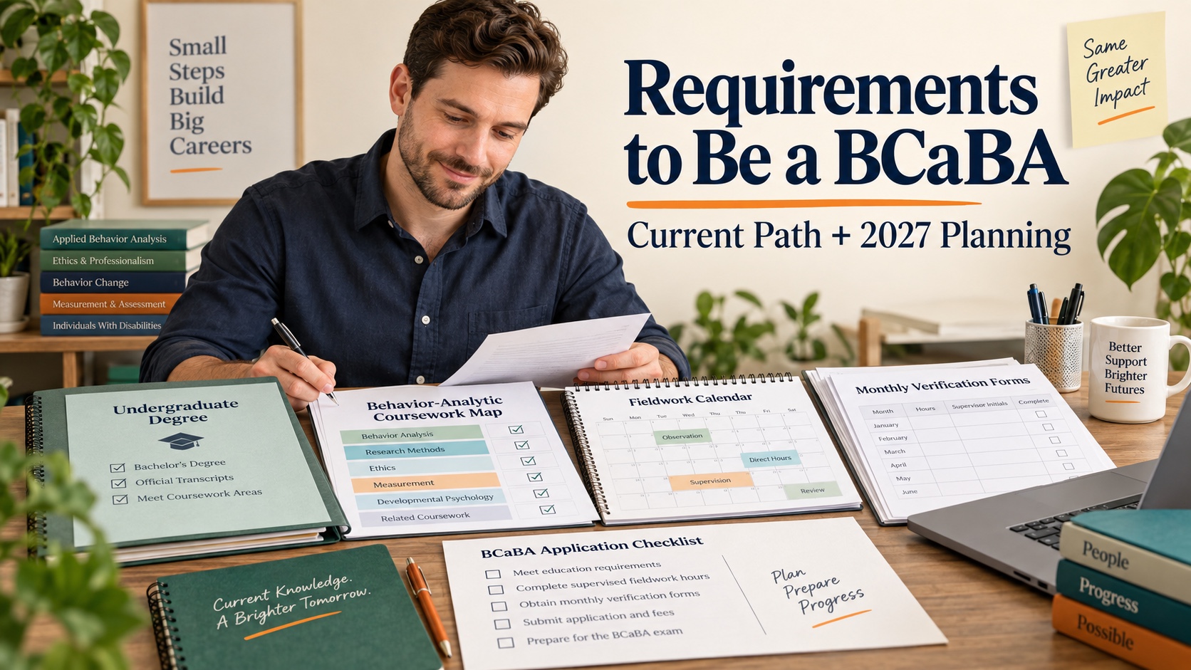 A White man organizes BCaBA degree documents, coursework records, a fieldwork calendar, and an application checklist in an integrated ABA Study Online editorial scene.