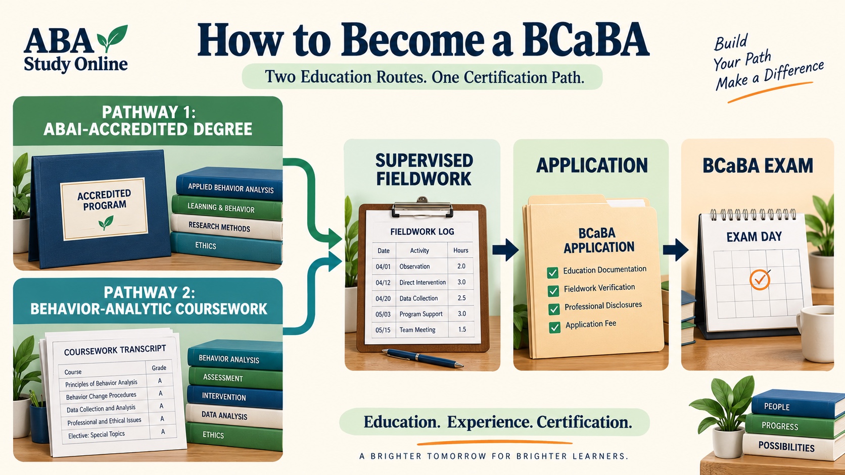 No-person infographic showing the BCaBA path: degree route, behavior-analytic content, supervised fieldwork, application, and BCaBA examination.
