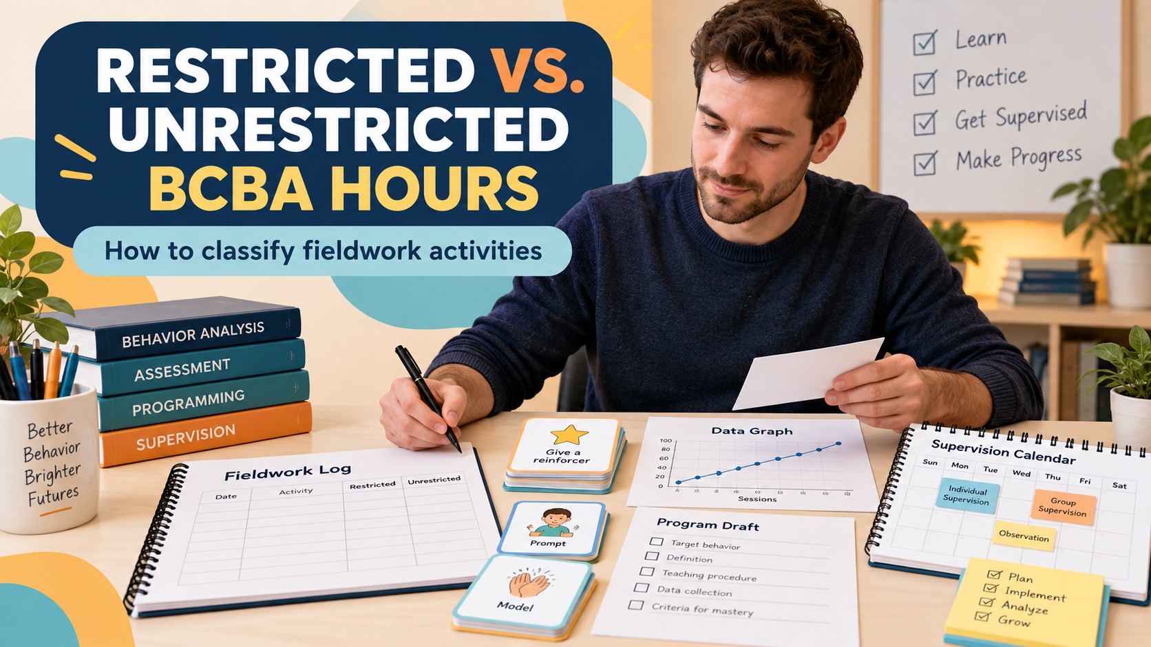 A White male BCBA trainee organizes a fieldwork log, activity cards, data graph, program draft, and supervision calendar in one integrated editorial study scene.