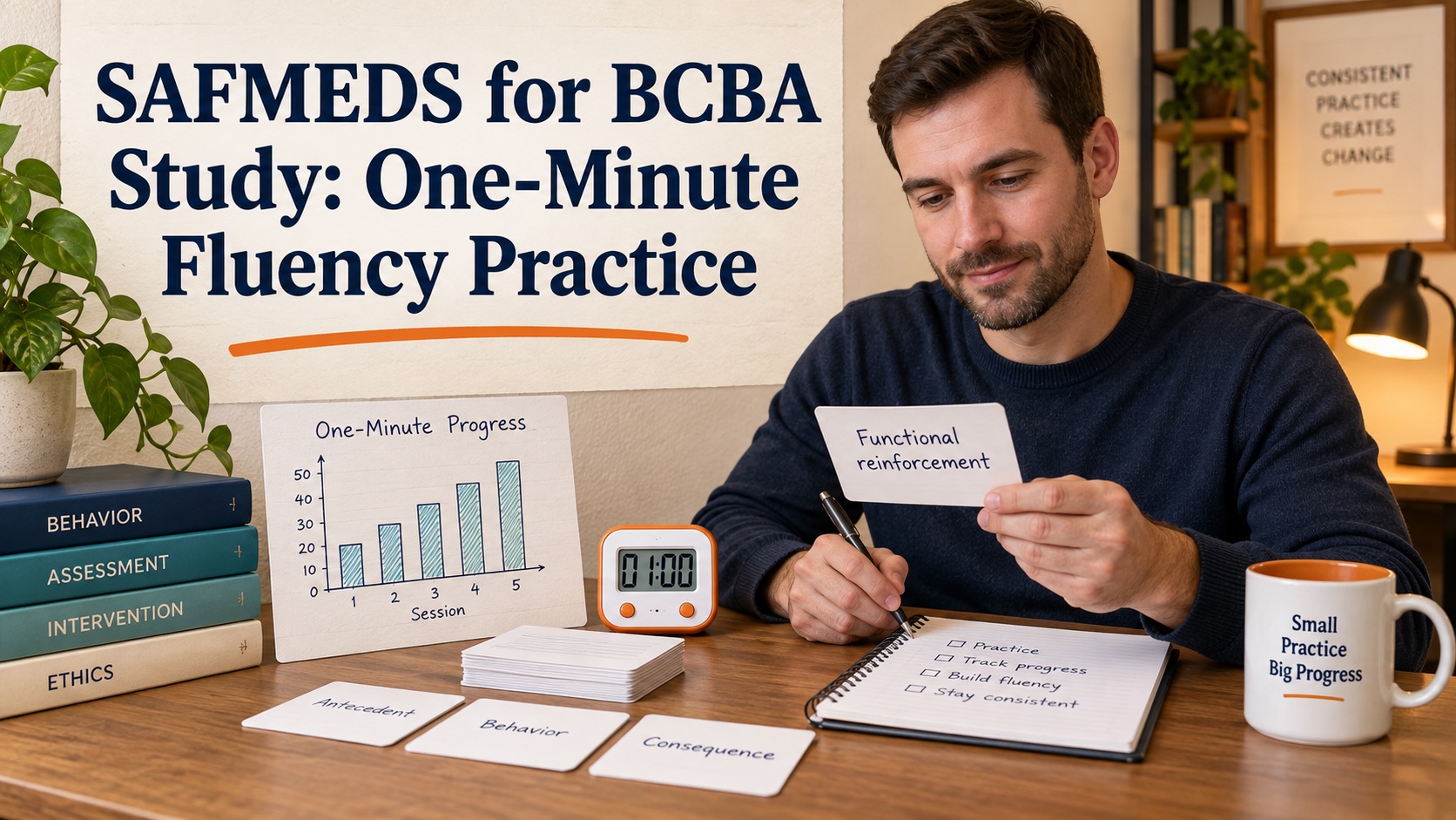 A realistic White man studies BCBA terms at a warm desk with shuffled cards, a one-minute timer, and a progress chart in an integrated editorial cover.