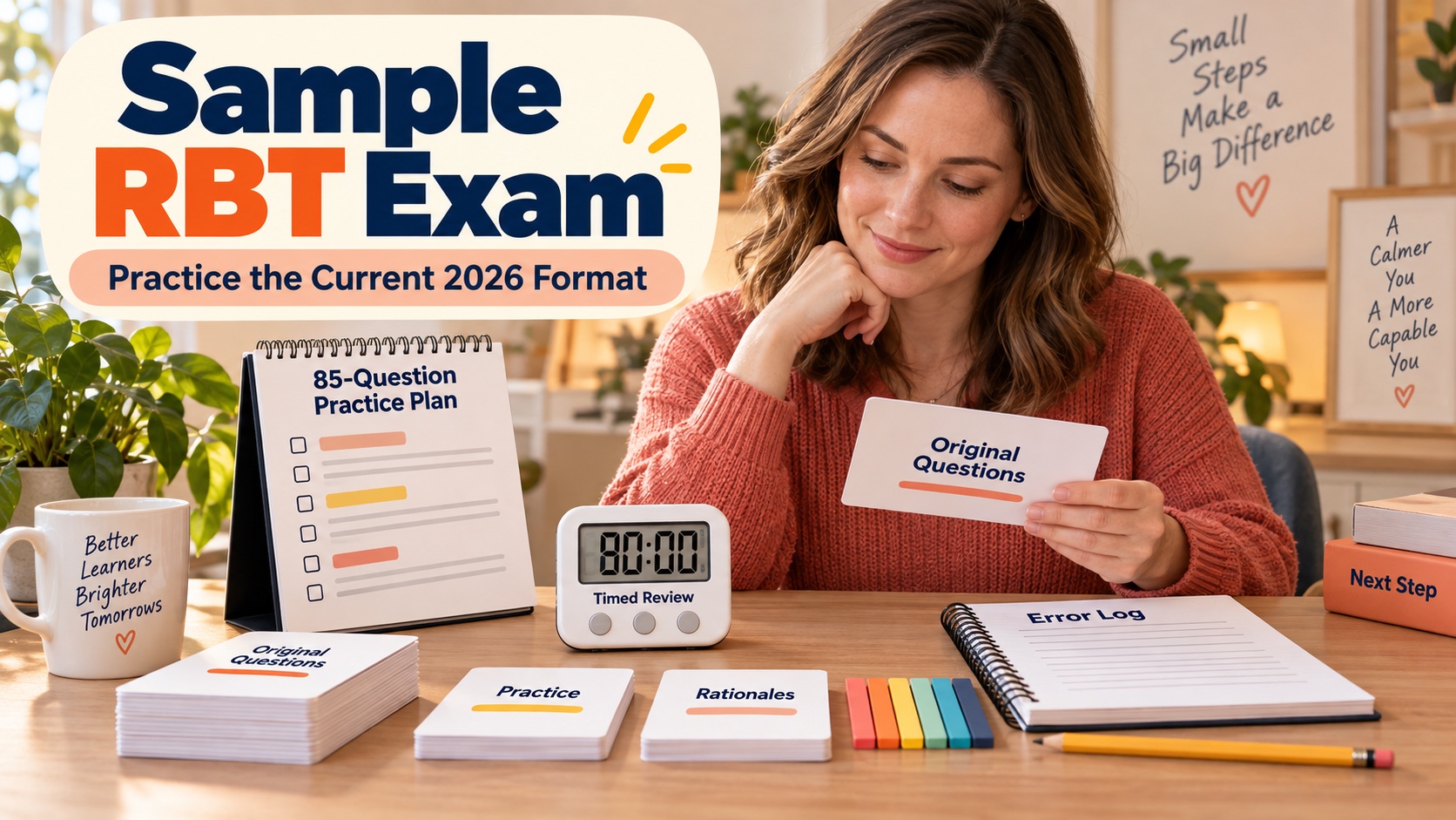 A White woman reviews an RBT sample exam with question cards, a timer, an error log, and a study plan.
