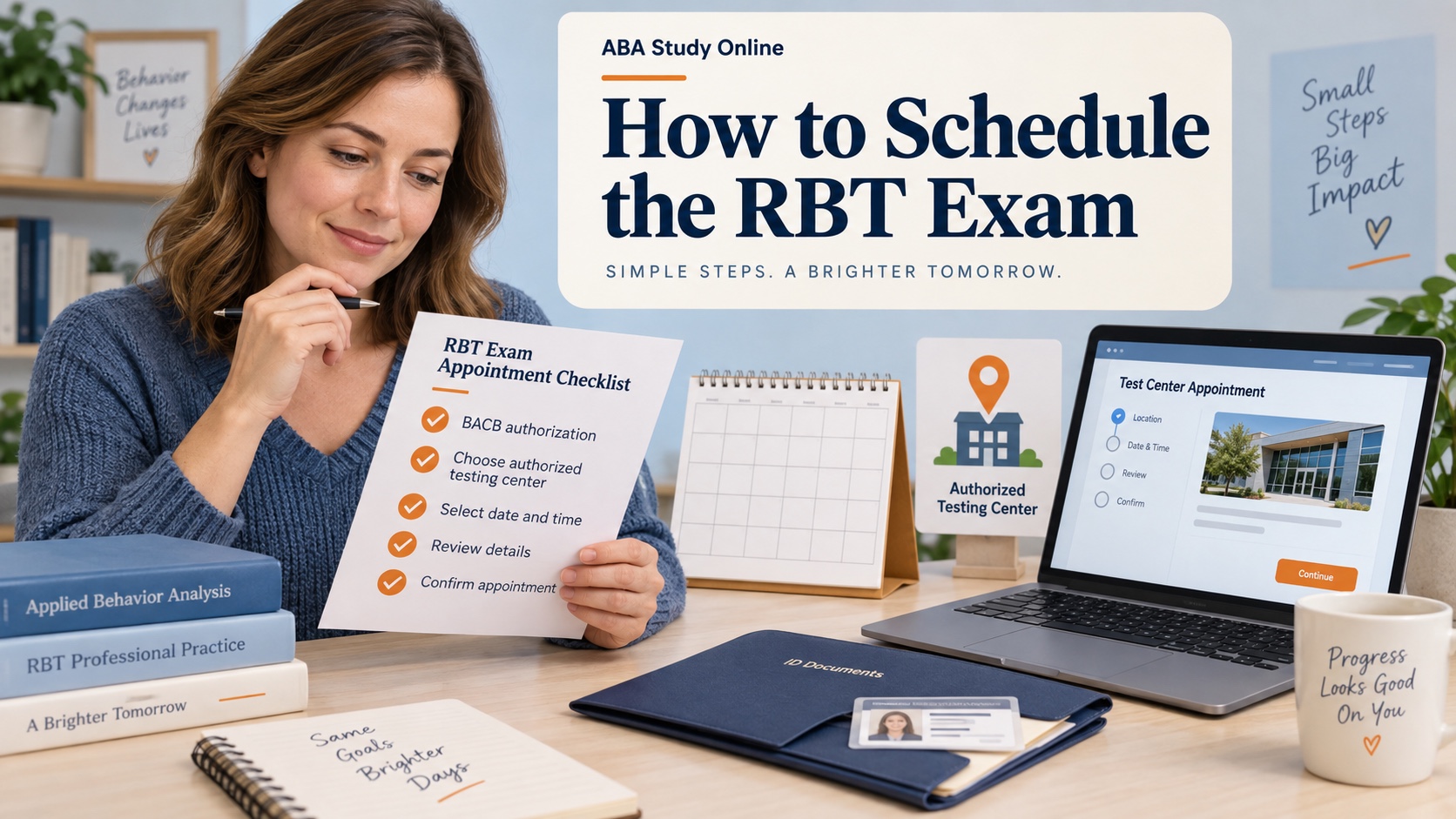 A realistic White woman reviews an RBT exam appointment checklist beside a calendar, authorized testing-center pin, ID folder, and computer appointment dashboard in an integrated editorial cover.
